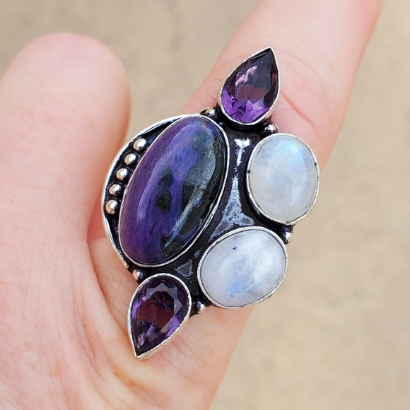 New Charoite, Rainbow Moonstone, and Amethyst 925 Silver Ring. - Picture 5 of 16